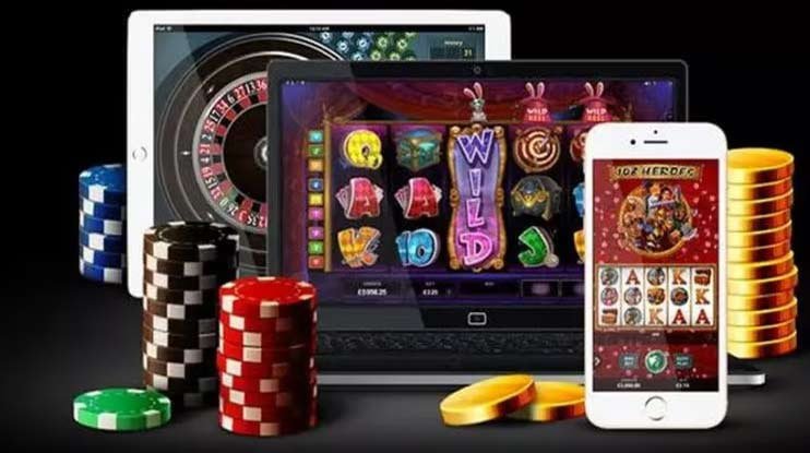 Ilustrasi platform megajudi di perangkat mobile dan desktop, melihat sportsbook dan slot